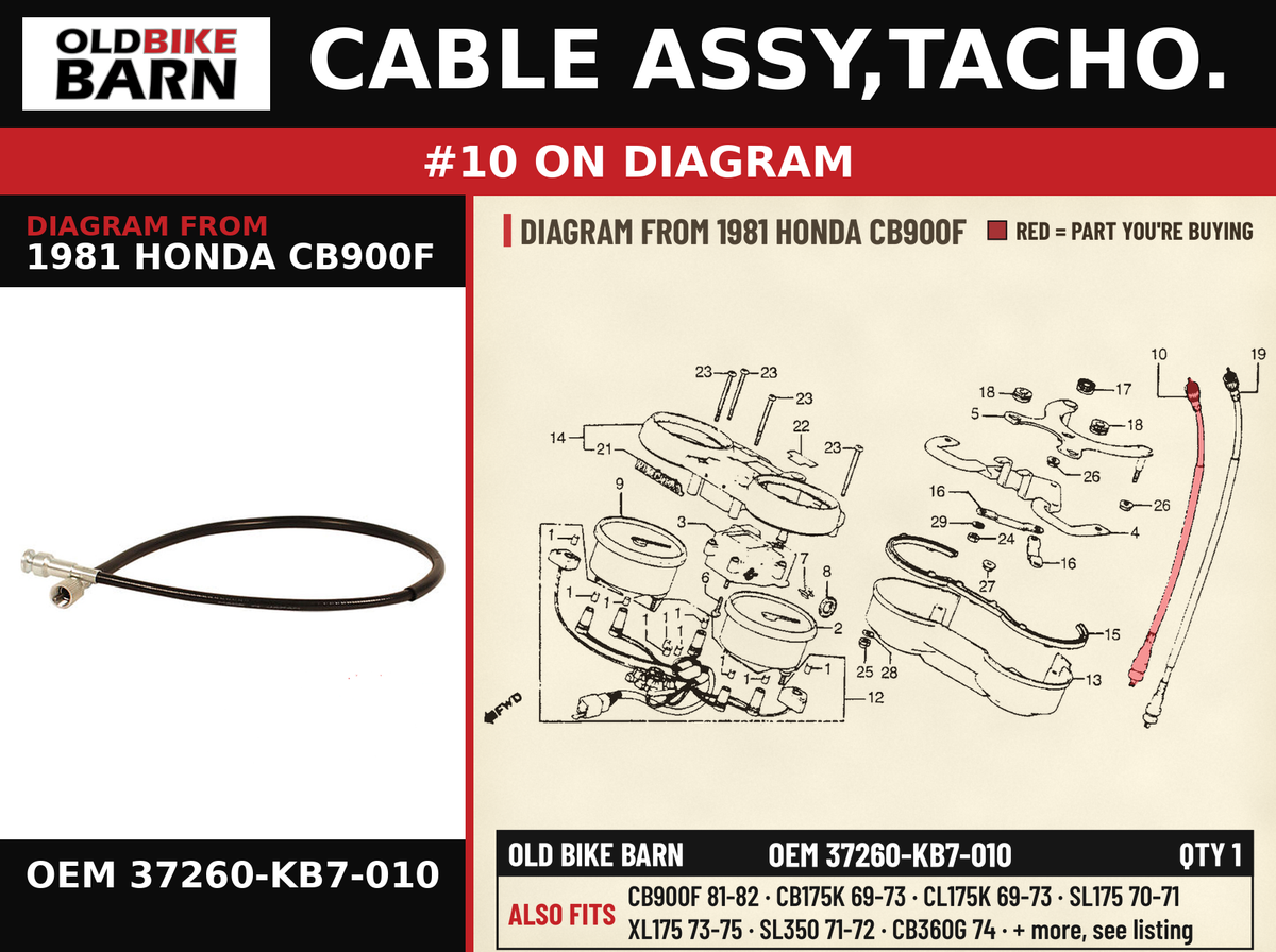 CABLE ASSY,TACHO. OEM 37260-KB7-010 diagram #10 from 1981 HONDA CB900F | Old Bike Barn