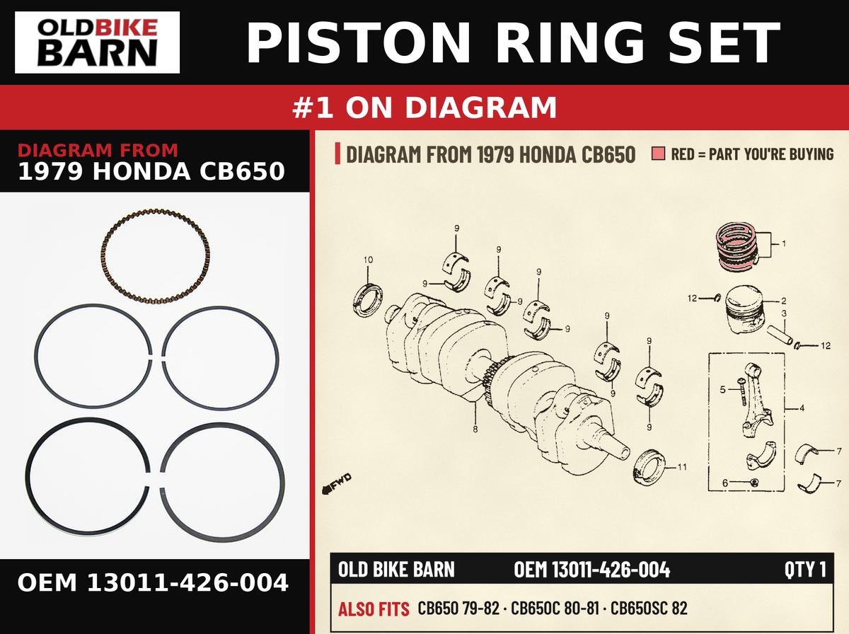PISTON RING SET OEM 13011-426-004 diagram #1 from 1979 HONDA CB650 | Old Bike Barn