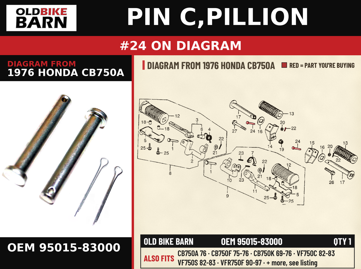 PIN C,PILLION OEM 95015-83000 diagram #24 from 1976 HONDA CB750A | Old Bike Barn