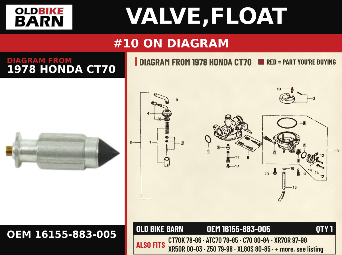 VALVE,FLOAT OEM 16155-883-005 diagram #10 from 1978 HONDA CT70 | Old Bike Barn