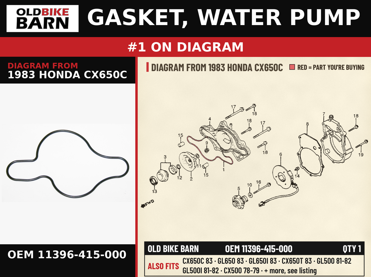GASKET, WATER PUMP OEM 11396-415-000 diagram #1 from 1983 HONDA CX650C | Old Bike Barn