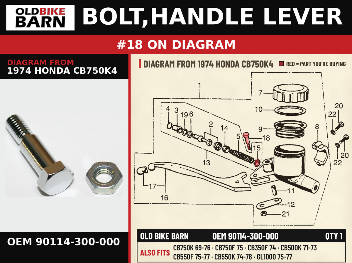 BOLT,HANDLE LEVER OEM 90114-300-000 diagram #18 from 1974 HONDA CB750K4 | Old Bike Barn