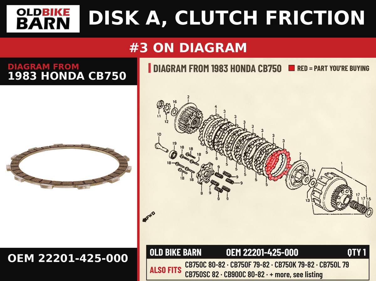 DISK A, CLUTCH FRICTION OEM 22201-425-000 diagram #3 from 1983 HONDA CB750 | Old Bike Barn