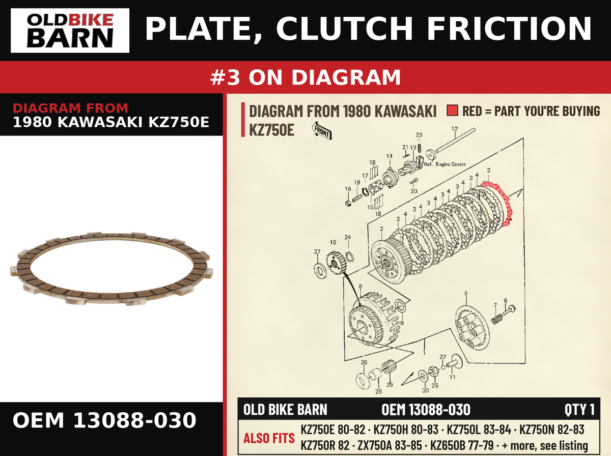 PLATE, CLUTCH FRICTION OEM 13088-030 diagram #3 from 1980 KAWASAKI KZ750E | Old Bike Barn