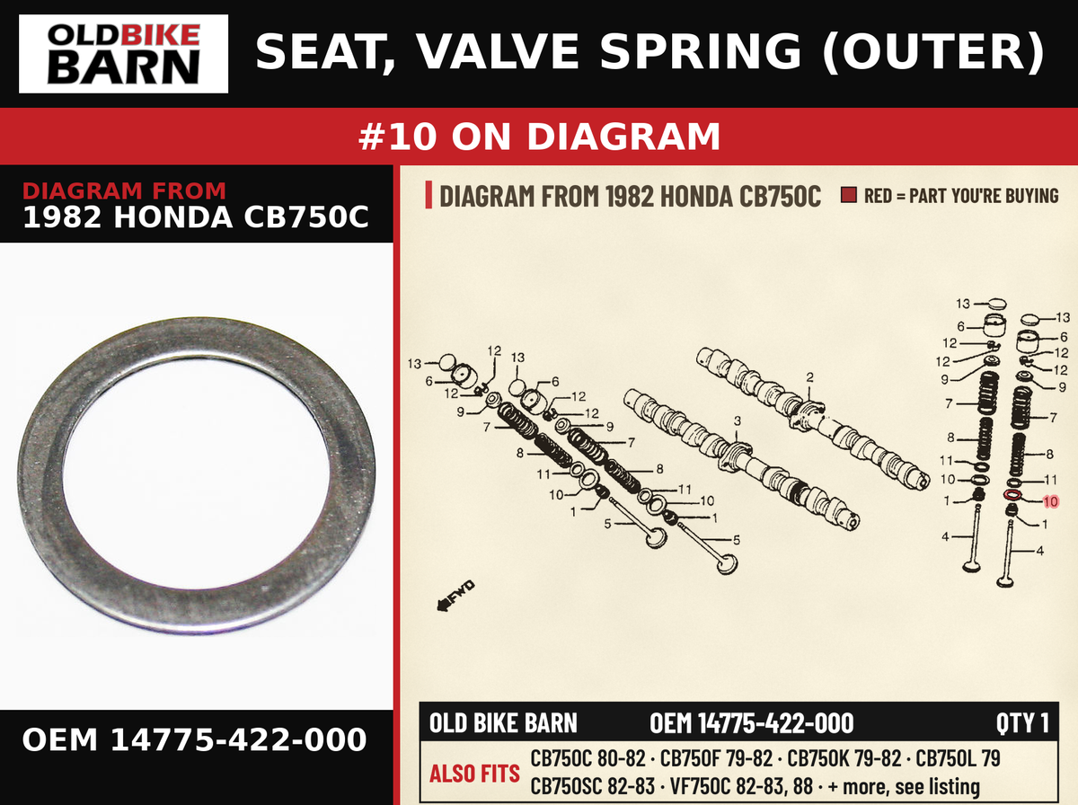 SEAT, VALVE SPRING (OUTER) OEM 14775-422-000 diagram #10 from 1982 HONDA CB750C | Old Bike Barn
