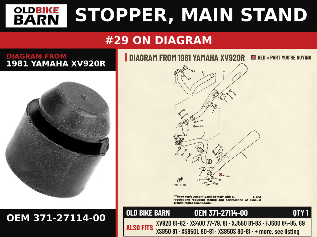 STOPPER, MAIN STAND OEM 371-27114-00 diagram #29 from 1981 YAMAHA XV920R | Old Bike Barn