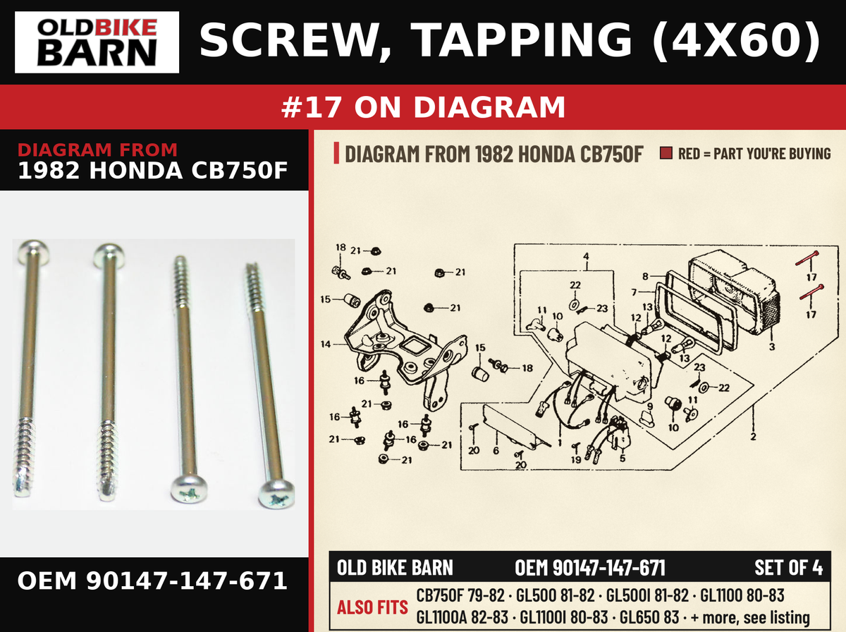 SCREW, TAPPING (4X60) OEM 90147-147-671 diagram #17 from 1982 HONDA CB750F | Old Bike Barn