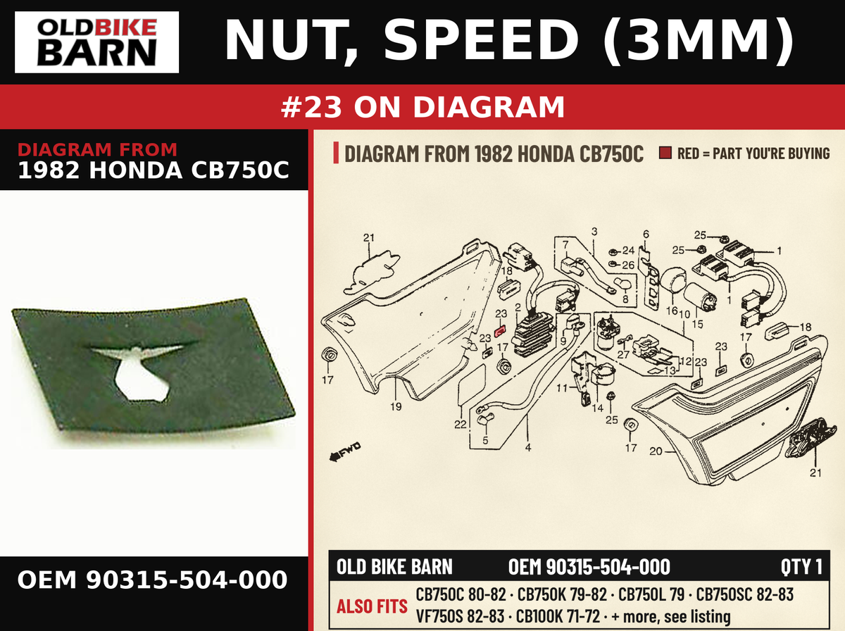 NUT, SPEED (3MM) OEM 90315-504-000 diagram #23 from 1982 HONDA CB750C | Old Bike Barn