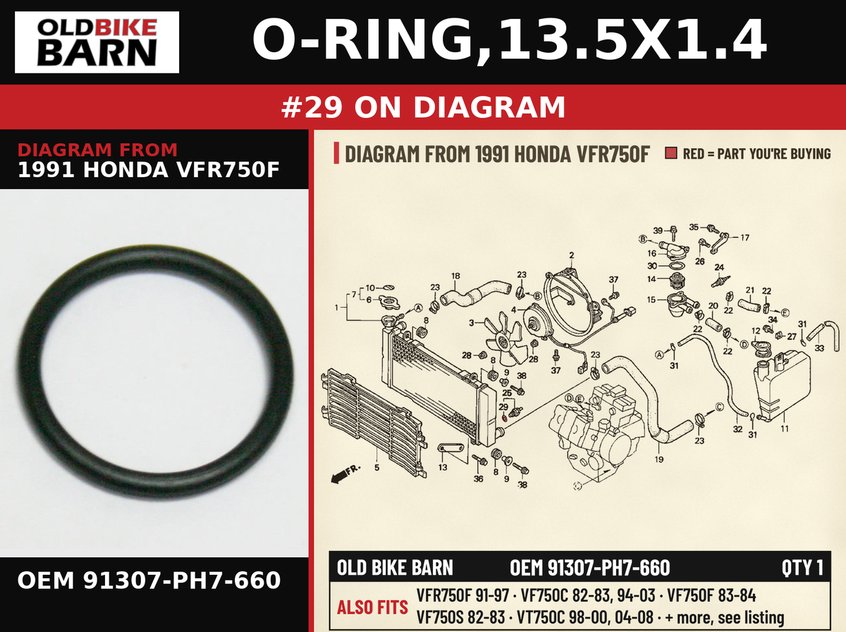 O-RING,13.5X1.4 OEM 91307-PH7-660 diagram #29 from 1991 HONDA VFR750F | Old Bike Barn