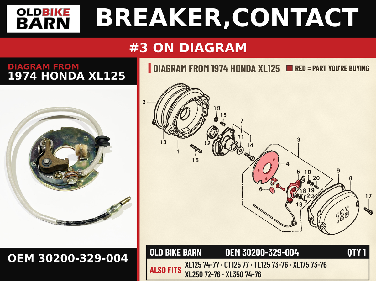 BREAKER,CONTACT OEM 30200-329-004 diagram #3 from 1974 HONDA XL125 | Old Bike Barn