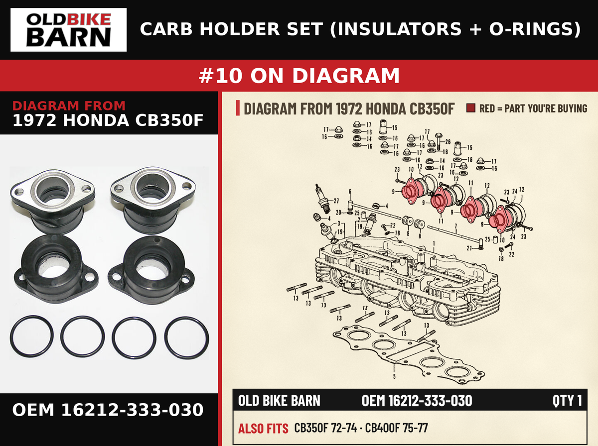 CARB HOLDER SET (INSULATORS + O-RINGS) OEM 16212-333-030 diagram #10 from 1972 HONDA CB350F | Old Bike Barn