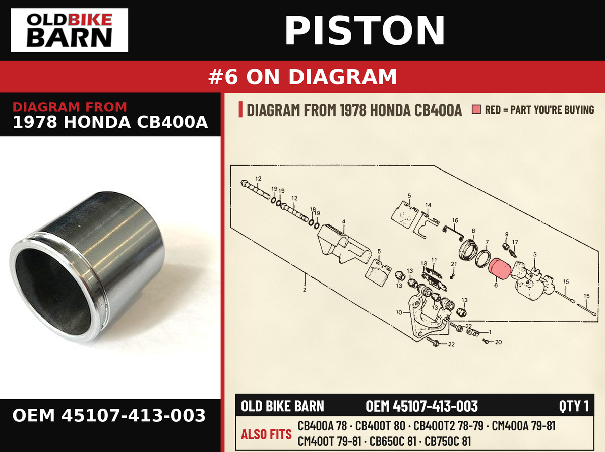 PISTON OEM 45107-413-003 diagram #6 from 1978 HONDA CB400A | Old Bike Barn
