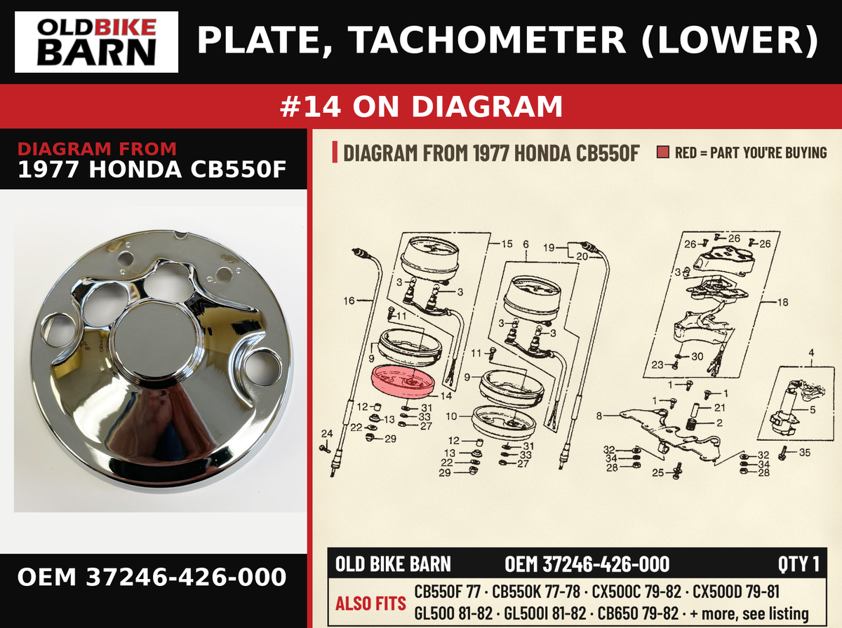 PLATE, TACHOMETER (LOWER) OEM 37246-426-000 diagram #14 from 1977 HONDA CB550F | Old Bike Barn