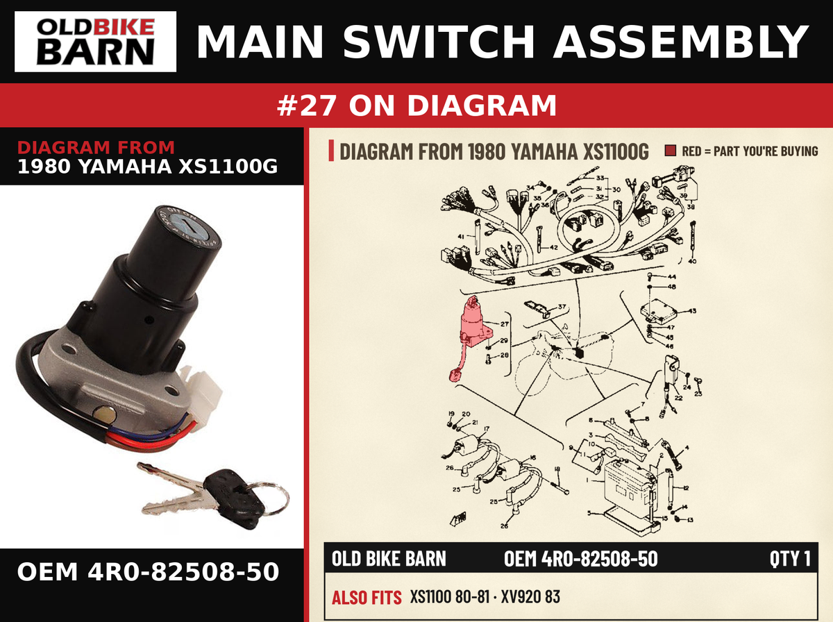 MAIN SWITCH ASSEMBLY OEM 4R0-82508-50 diagram #27 from 1980 YAMAHA XS1100G | Old Bike Barn