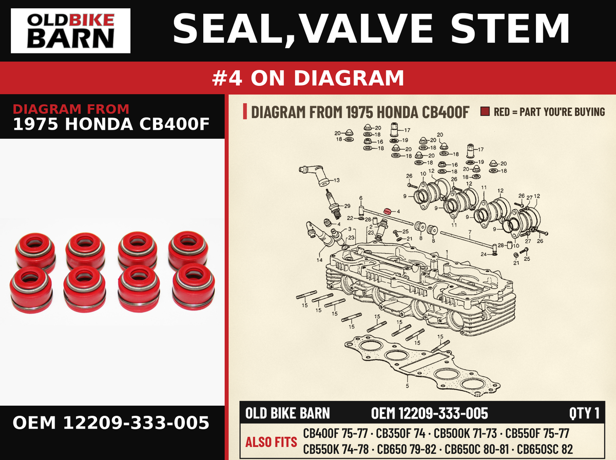 SEAL,VALVE STEM OEM 12209-333-005 diagram #4 from 1975 HONDA CB400F | Old Bike Barn