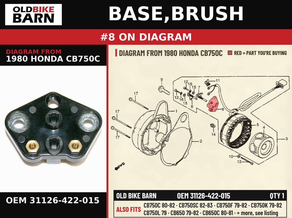 BASE,BRUSH OEM 31126-422-015 diagram #8 from 1980 HONDA CB750C | Old Bike Barn