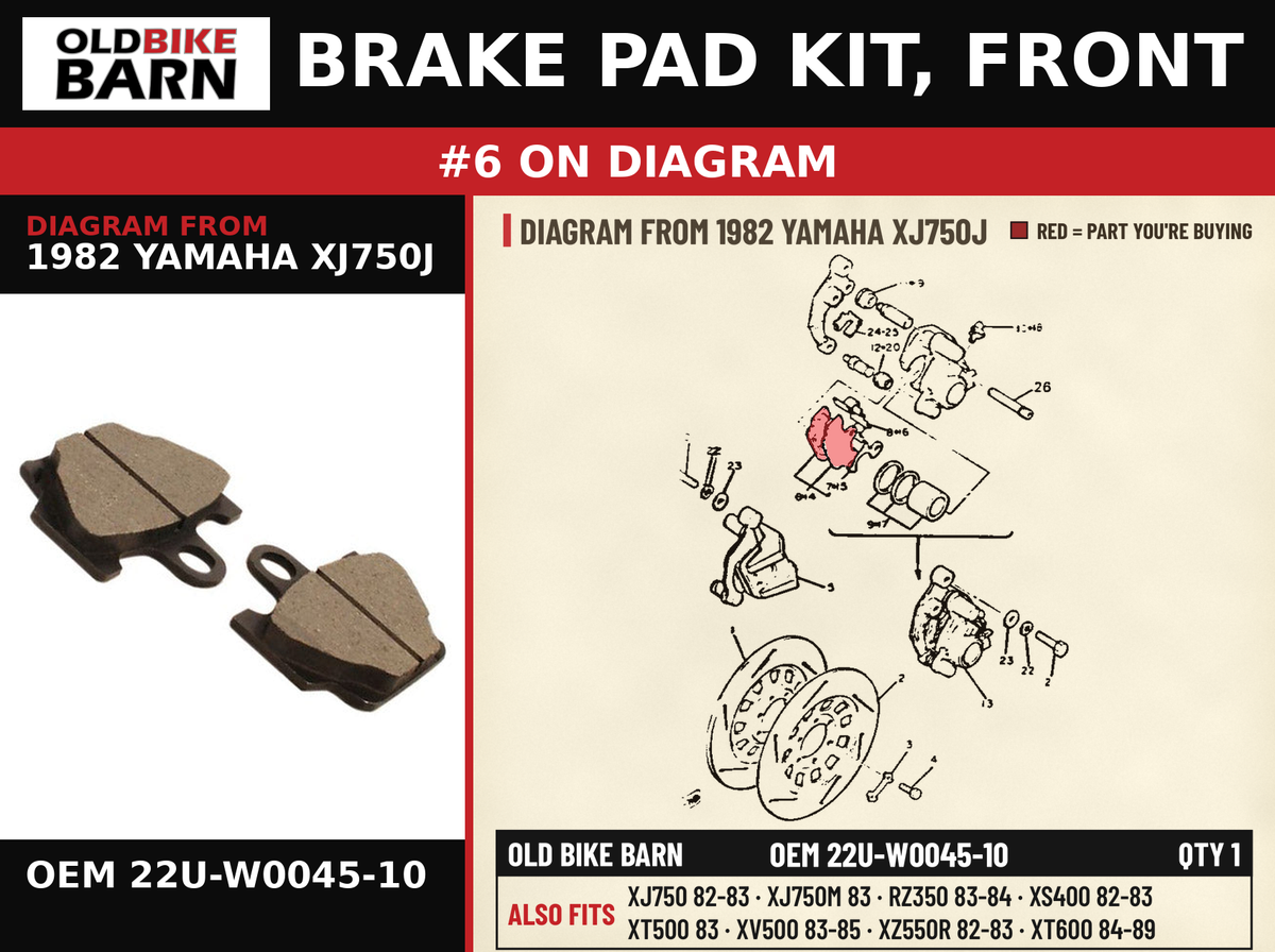 BRAKE PAD KIT, FRONT OEM 22U-W0045-10 diagram #6 from 1982 YAMAHA XJ750J | Old Bike Barn