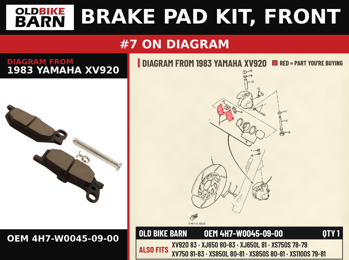 BRAKE PAD KIT, FRONT OEM 4H7-W0045-09-00 diagram #7 from 1983 YAMAHA XV920 | Old Bike Barn