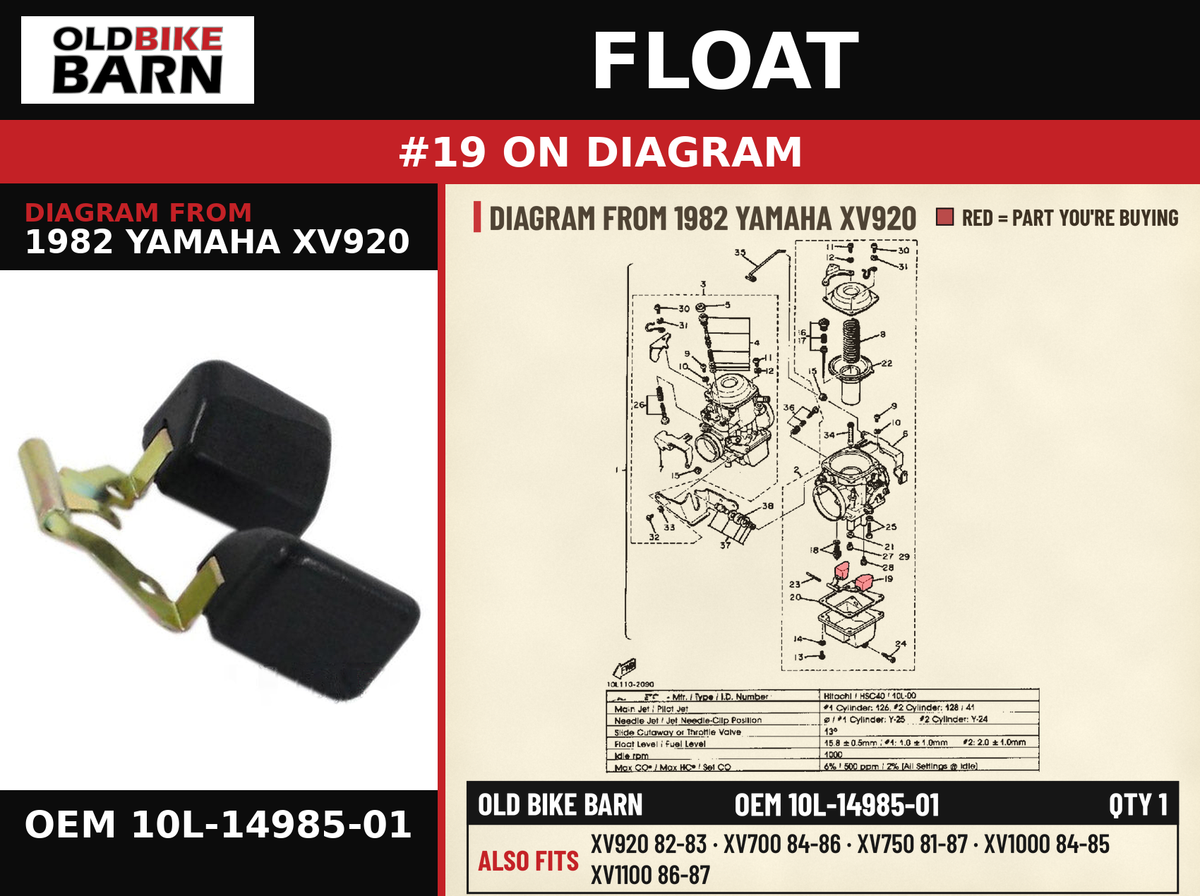 FLOAT OEM 10L-14985-01 diagram #19 from 1982 YAMAHA XV920 | Old Bike Barn