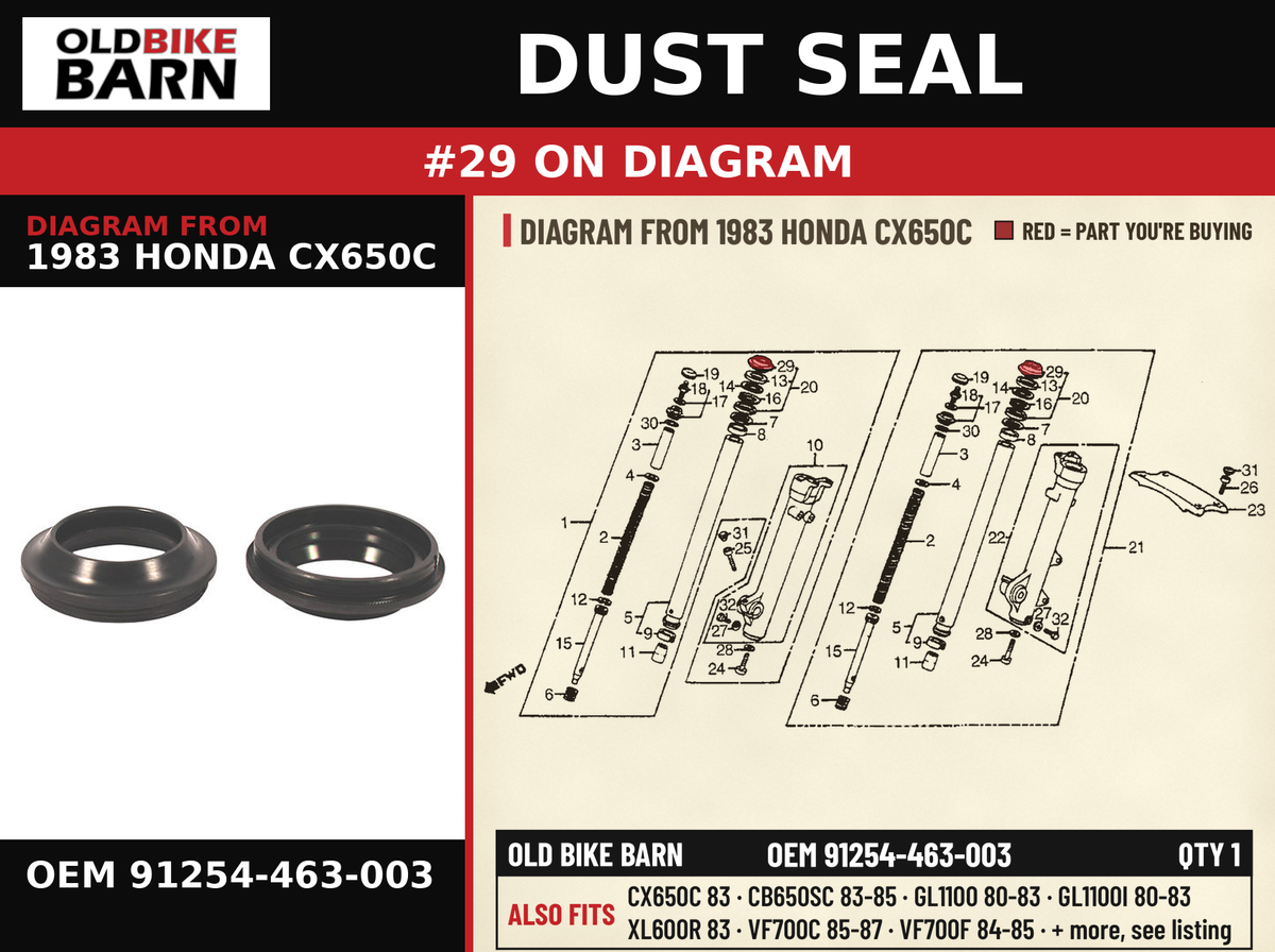 DUST SEAL OEM 91254-463-003 diagram #29 from 1983 HONDA CX650C | Old Bike Barn
