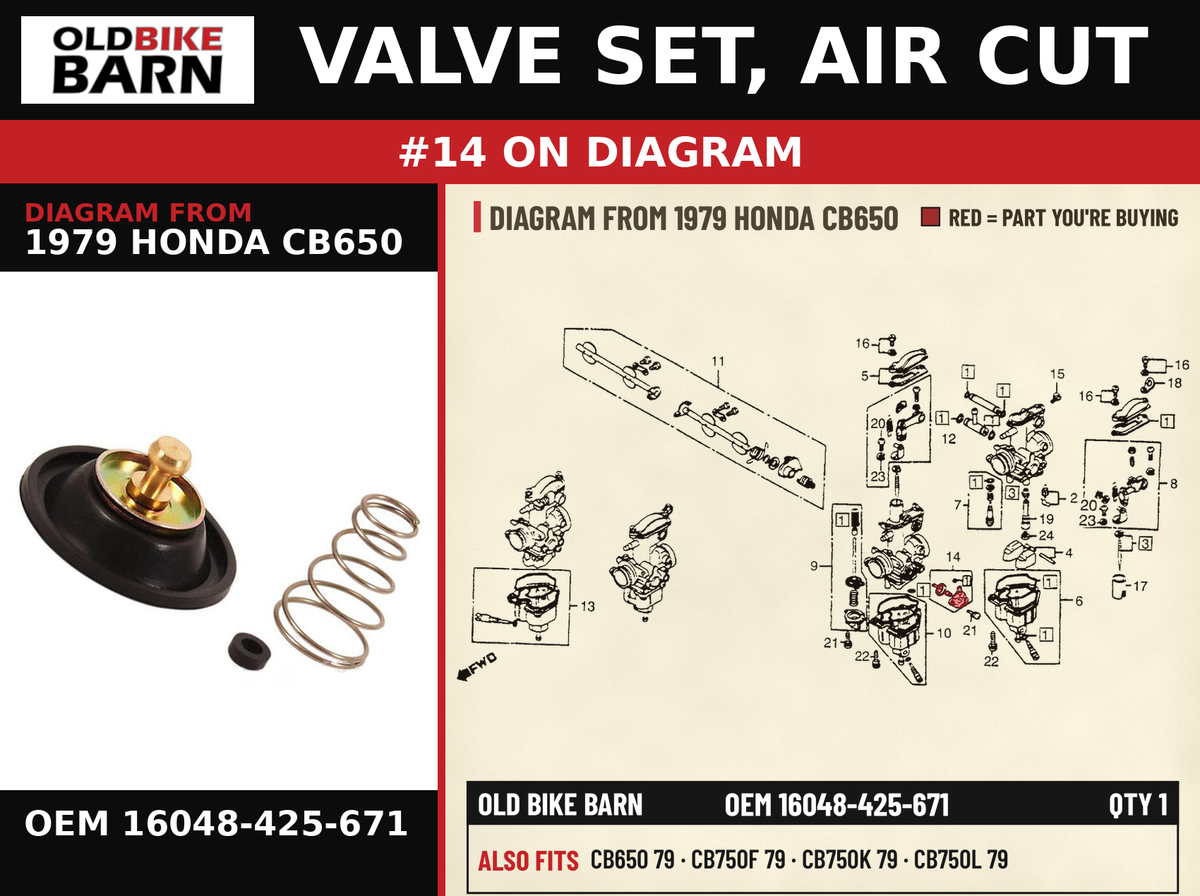VALVE SET, AIR CUT OEM 16048-425-671 diagram #14 from 1979 HONDA CB650 | Old Bike Barn