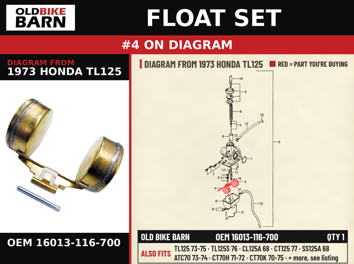FLOAT SET OEM 16013-116-700 diagram #4 from 1973 HONDA TL125 | Old Bike Barn