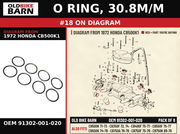 O RING, 30.8M/M OEM 91302-001-020 diagram #18 from 1972 HONDA CB500K1 | Old Bike Barn