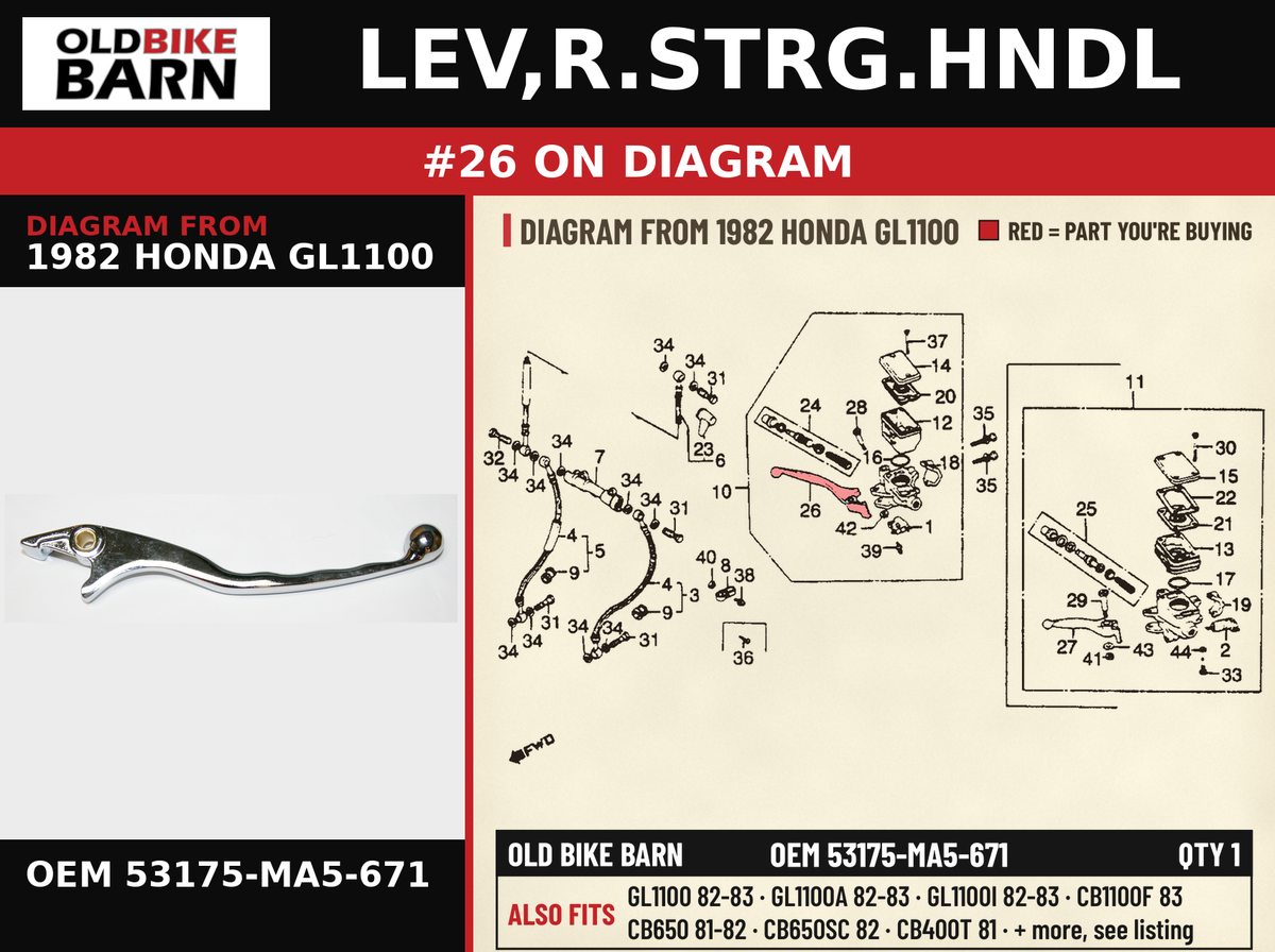 LEV,R.STRG.HNDL OEM 53175-MA5-671 diagram #26 from 1982 HONDA GL1100 | Old Bike Barn