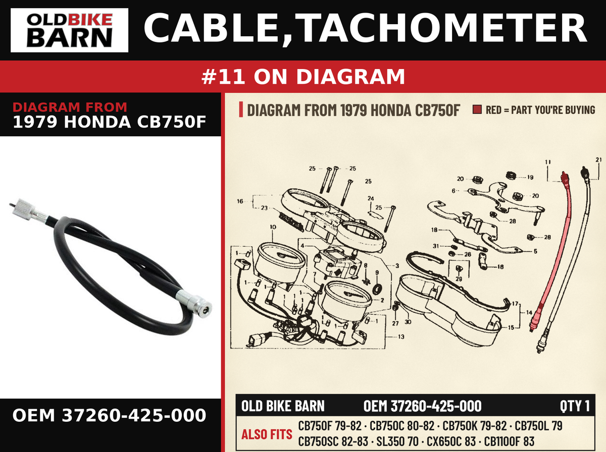 CABLE,TACHOMETER OEM 37260-425-000 diagram #11 from 1979 HONDA CB750F | Old Bike Barn