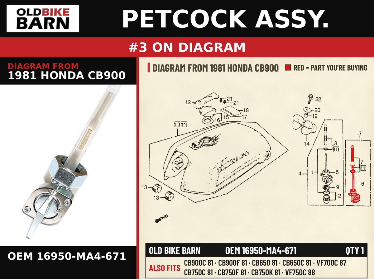 PETCOCK ASSY. OEM 16950-MA4-671 diagram #3 from 1981 HONDA CB900 | Old Bike Barn