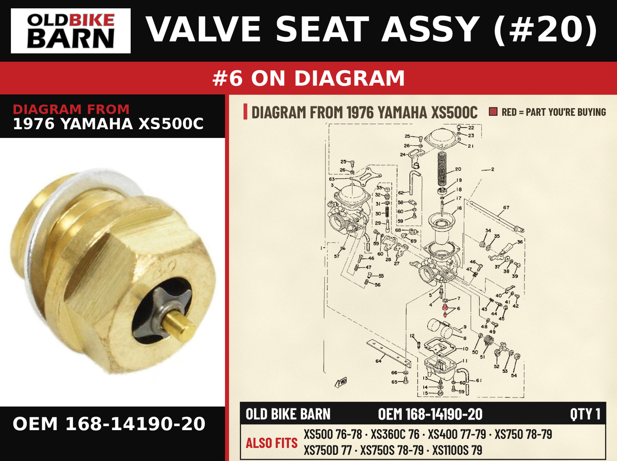 VALVE SEAT ASSY (#20) OEM 168-14190-20 diagram #6 from 1976 YAMAHA XS500C | Old Bike Barn