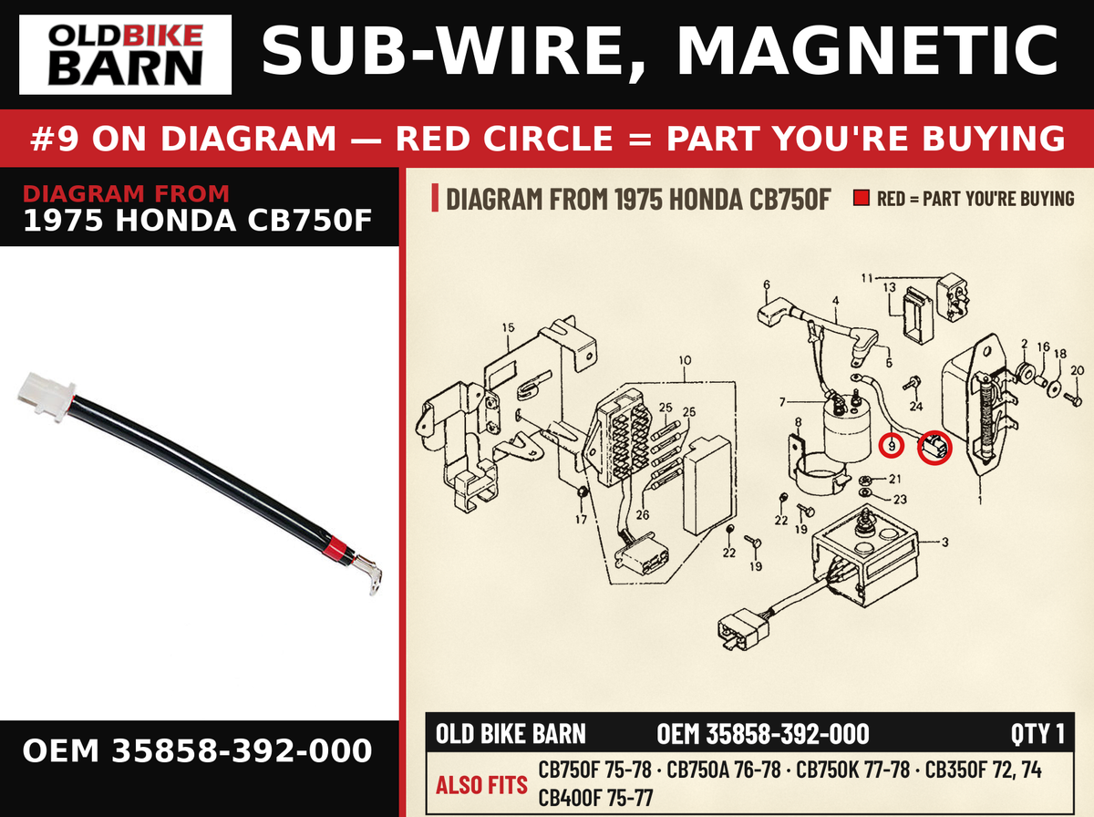 SUB-WIRE, MAGNETIC OEM 35858-392-000 diagram #9 from 1975 HONDA CB750F | Old Bike Barn