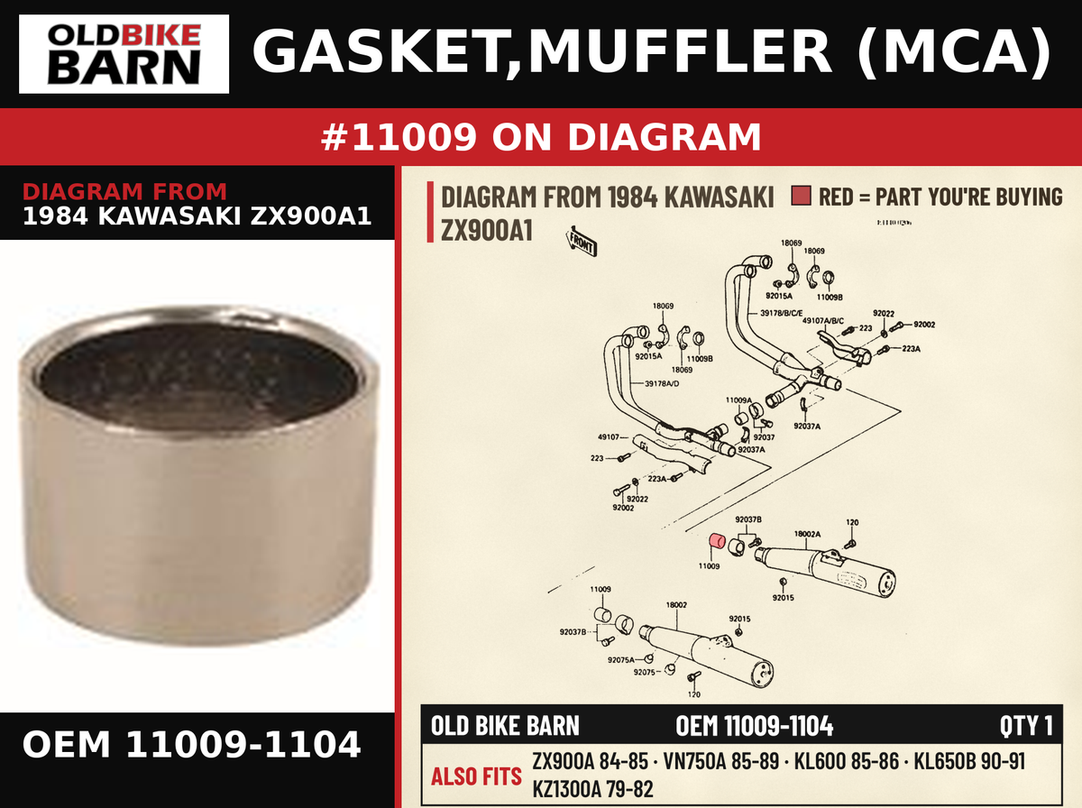 GASKET,MUFFLER (MCA) OEM 11009-1104 diagram #11009 from 1984 KAWASAKI ZX900A1 | Old Bike Barn