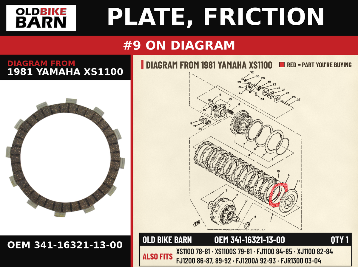 PLATE, FRICTION OEM 341-16321-13-00 diagram #9 from 1981 YAMAHA XS1100 | Old Bike Barn