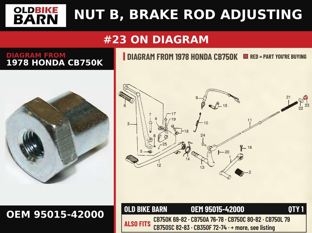 NUT B, BRAKE ROD ADJUSTING OEM 95015-42000 diagram #23 from 1978 HONDA CB750K | Old Bike Barn