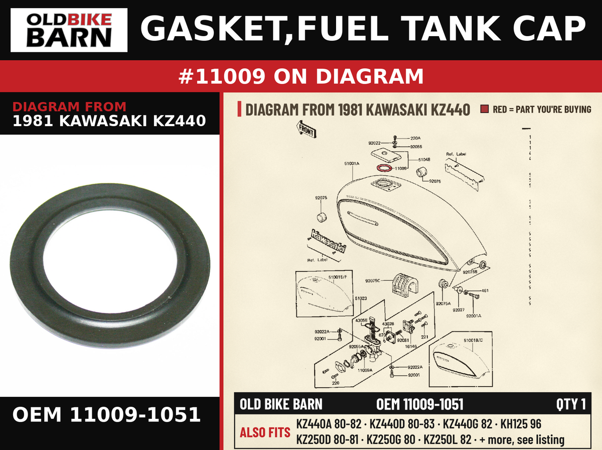 GASKET,FUEL TANK CAP OEM 11009-1051 diagram #11009 from 1981 KAWASAKI KZ440 | Old Bike Barn