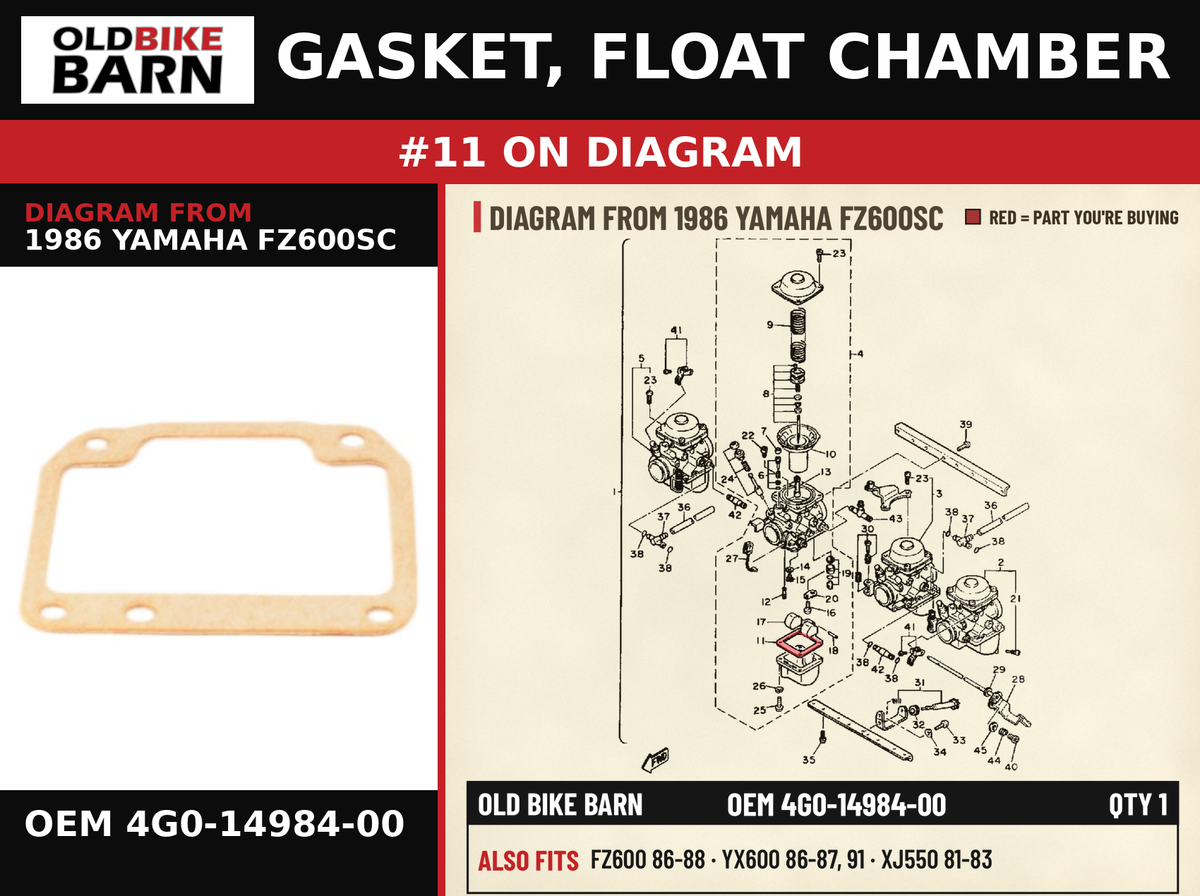 GASKET, FLOAT CHAMBER OEM 4G0-14984-00 diagram #11 from 1986 YAMAHA FZ600SC | Old Bike Barn