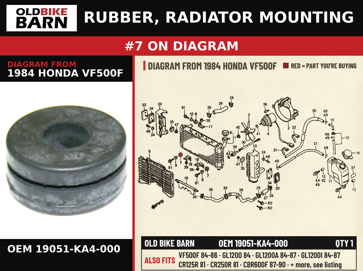 RUBBER, RADIATOR MOUNTING OEM 19051-KA4-000 diagram #7 from 1984 HONDA VF500F | Old Bike Barn