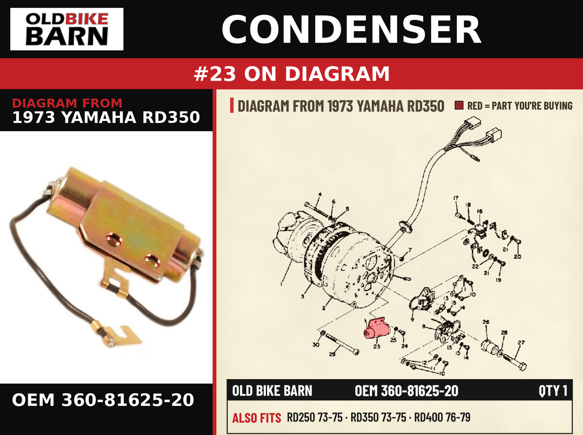 CONDENSER OEM 360-81625-20 diagram #23 from 1973 YAMAHA RD350 | Old Bike Barn