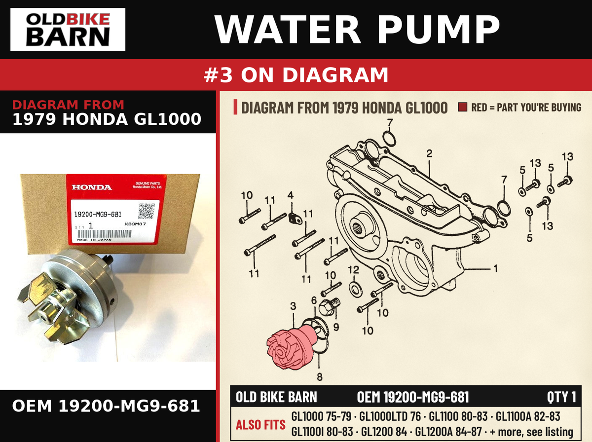 WATER PUMP OEM 19200-MG9-681 diagram #3 from 1979 HONDA GL1000 | Old Bike Barn