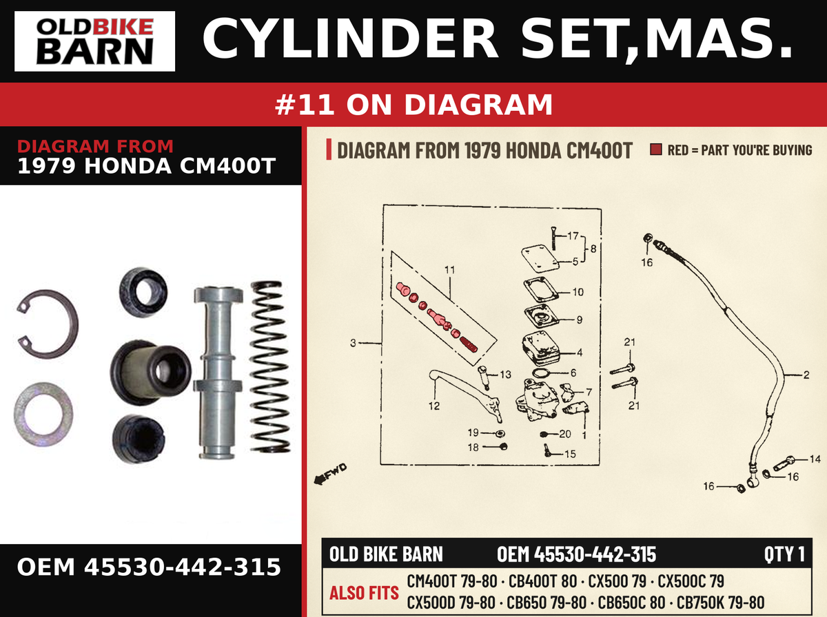 CYLINDER SET,MAS. OEM 45530-442-315 diagram #11 from 1979 HONDA CM400T | Old Bike Barn