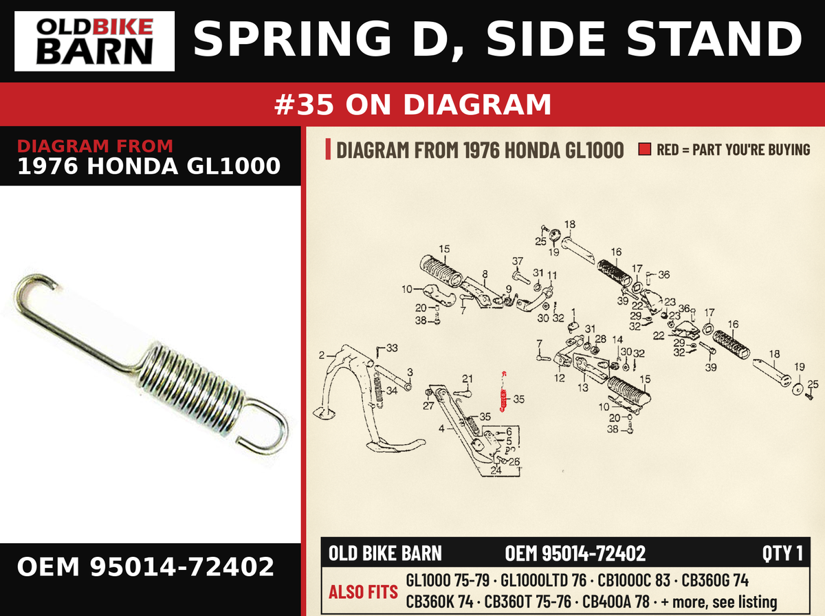 SPRING D, SIDE STAND OEM 95014-72402 diagram #35 from 1976 HONDA GL1000 | Old Bike Barn