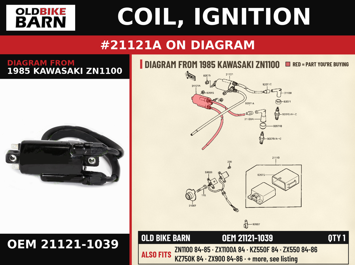 COIL, IGNITION OEM 21121-1039 diagram #21121A from 1985 KAWASAKI ZN1100 | Old Bike Barn