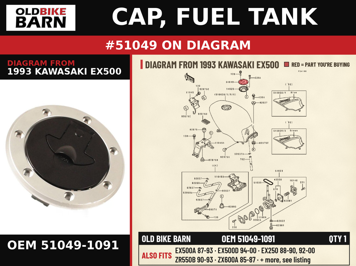 CAP, FUEL TANK OEM 51049-1091 diagram #51049 from 1993 KAWASAKI EX500 | Old Bike Barn