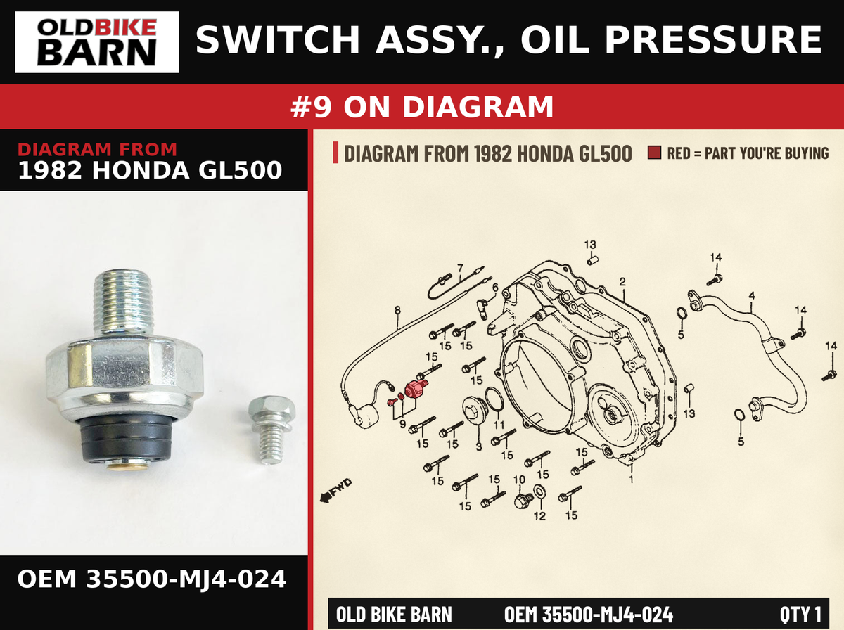 SWITCH ASSY., OIL PRESSURE OEM 35500-MJ4-024 diagram #9 from 1982 HONDA GL500 | Old Bike Barn