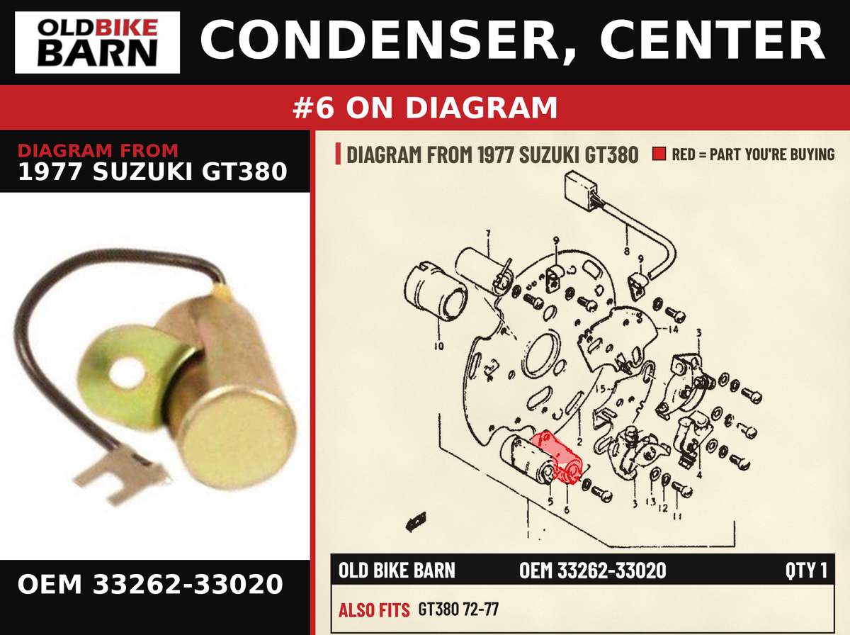 CONDENSER, CENTER OEM 33262-33020 diagram #6 from 1977 SUZUKI GT380 | Old Bike Barn