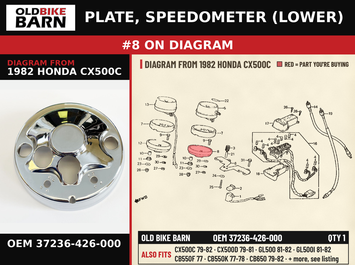 PLATE, SPEEDOMETER (LOWER) OEM 37236-426-000 diagram #8 from 1982 HONDA CX500C | Old Bike Barn