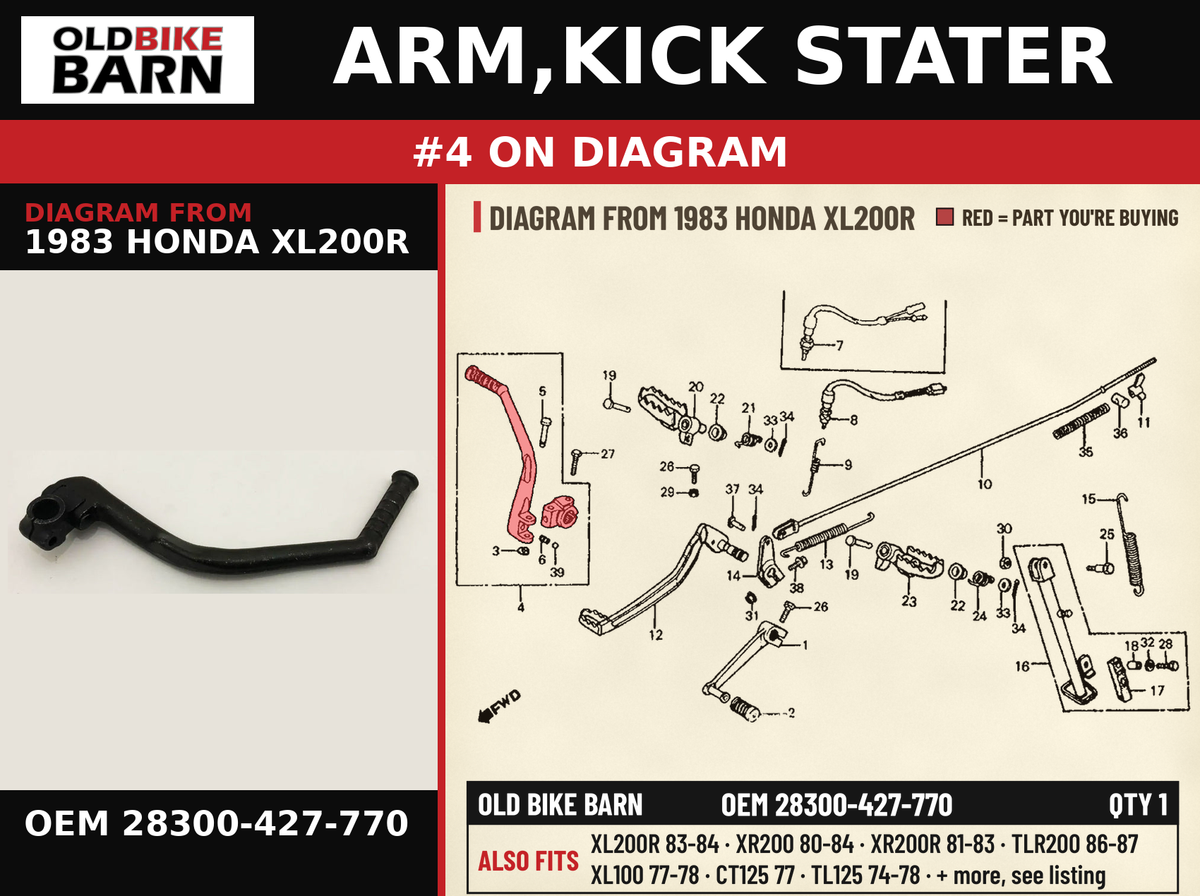 ARM,KICK STATER OEM 28300-427-770 diagram #4 from 1983 HONDA XL200R | Old Bike Barn