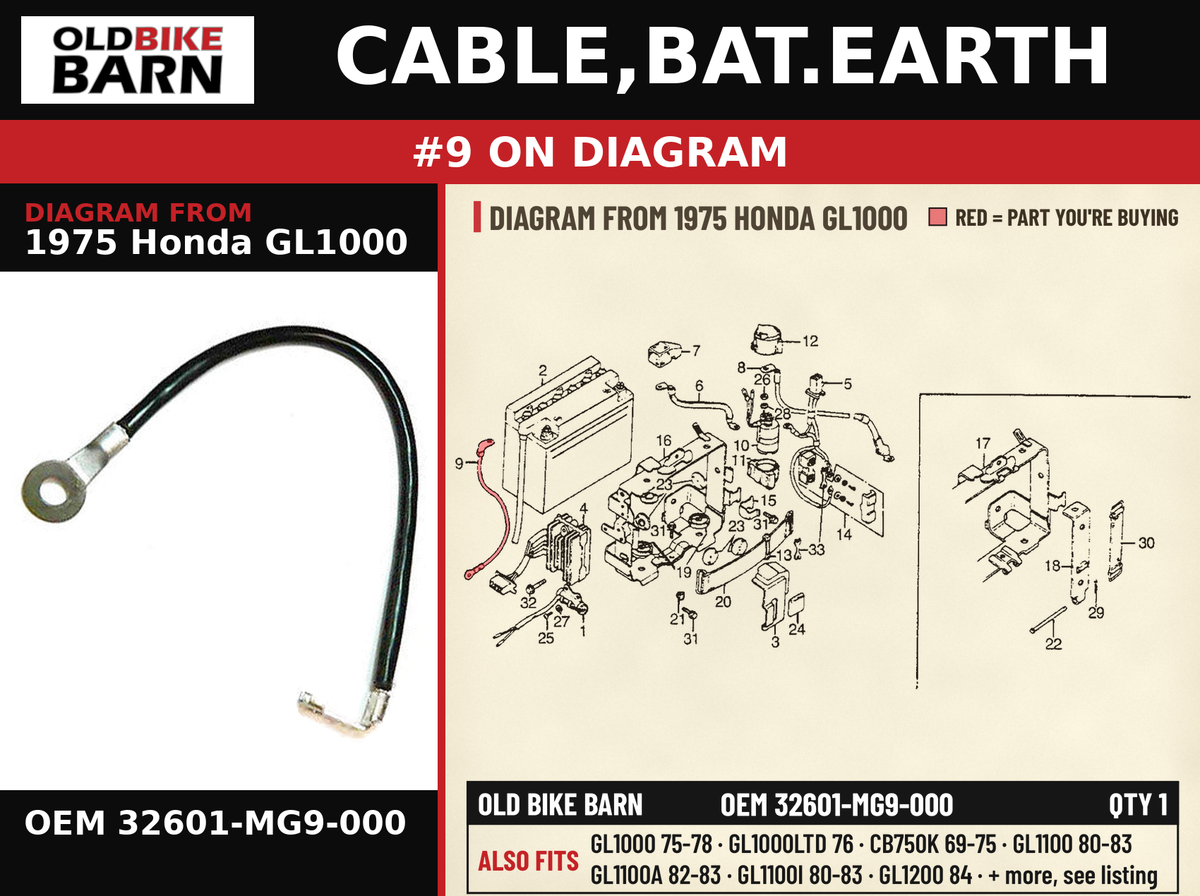 CABLE,BAT.EARTH OEM 32601-MG9-000 diagram #9 from 1975 HONDA GL1000 | Old Bike Barn