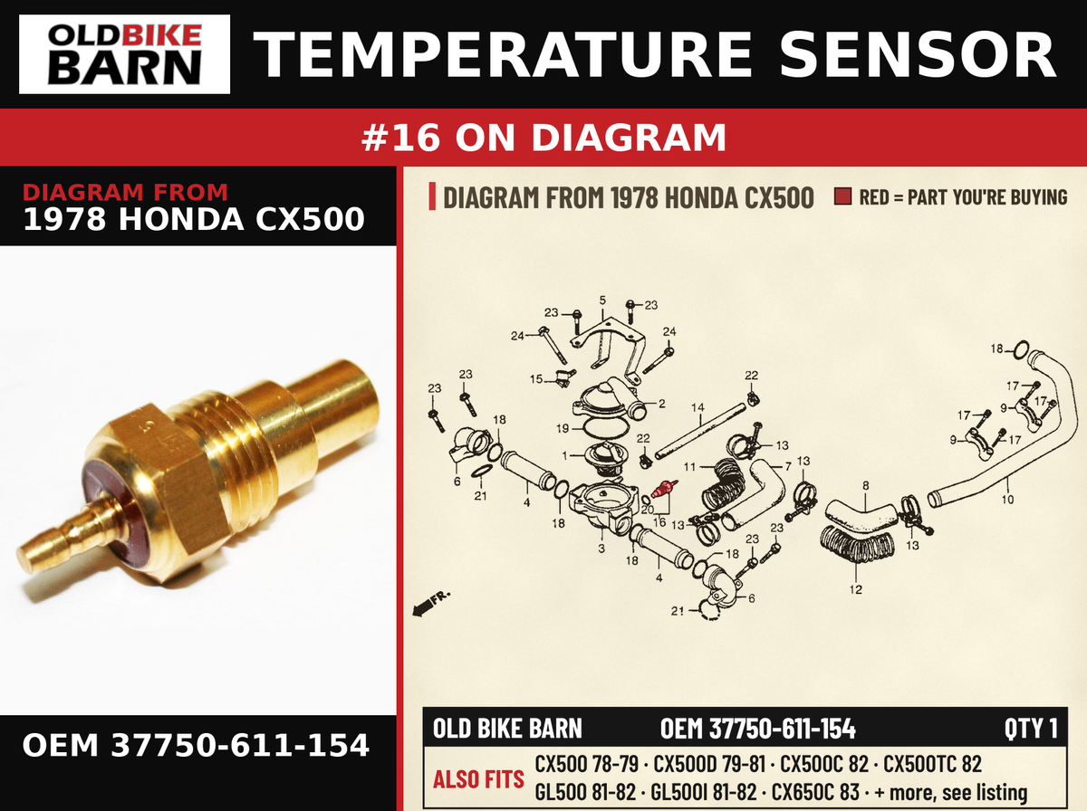 TEMPERATURE SENSOR OEM 37750-611-154 diagram #16 from 1978 HONDA CX500 | Old Bike Barn